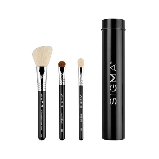Sigma Beauty Travel Essential Trio - Makeup Brush Set for Foundation Powder Eyeshadow - 3 Tool Brushes with Brush Tin Holder - Skin Safe, Vegan Makeup Brushes for Travel - Black-GlimoraGlow