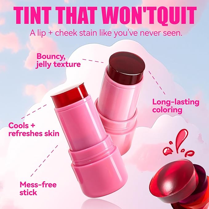 2 Pcs Milk Jelly Blush, Milk Cooling Water Jelly Tint, Vivid Color Water Jelly Tint Milk Blush, Sheer Eye Lip & Cheek Stick Stain, Long Wearing, Watercolor Finish Lip Gloss for Women, 01&02-GlimoraGlow