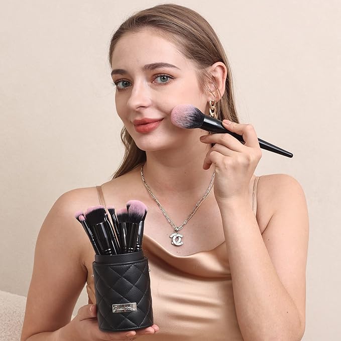 Bueart Design 18Pcs Pro Deluxe Fuchsia Pink Black Makeup Brushes set with Travel Make up Brush Holder case Foundation concealer contour Blush eyeshadow face make up brush set-GlimoraGlow