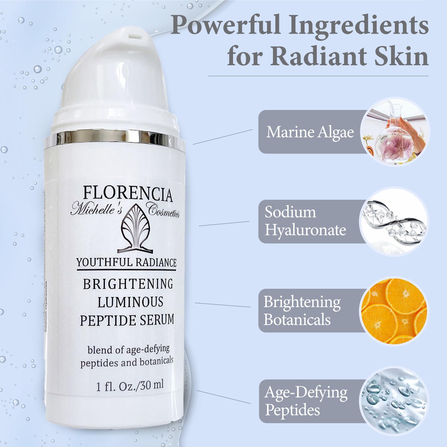 Florencia Brightening Luminous Peptide Serum - Age-Defying Face Serum with Peptides, Sodium Hyaluronate & Organic Botanicals – Helps to Reduce Wrinkles, Illuminate Complexion, 1 Oz-GlimoraGlow