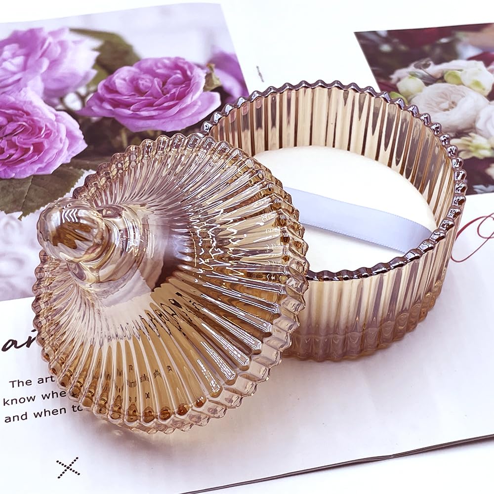 Ultra Soft Powder Puff and Container 3.3" High Density Velvet Dusting Washable Reusable Powder Puff,Body Powder Puff and Glass Jar Holder Loose Powder Box with Puff for Face Makeup(Amber)-GlimoraGlow