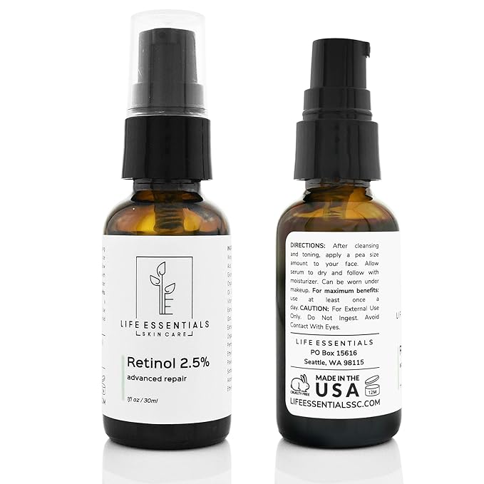 Life Essentials Retinol Serum 2.5% for Wrinkles, Fine Lines, Acne Scars, & Skin Blemishes- Vitamin A + Hyaluronic Acid, Vitamin E, Organic Green Tea, Jojoba Oil - Organic and Natural-GlimoraGlow