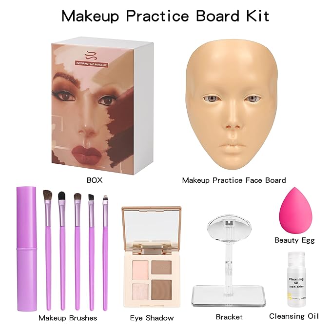 Makeup Practice Mannequin Face, 5d Reusable Silicone Makeup Practice Board Full Face with Makeup Brushes Sponge Set and Eyeshadow Board Makeup Kit for Makeup Artist, Girl's Gift Or Professionals-GlimoraGlow
