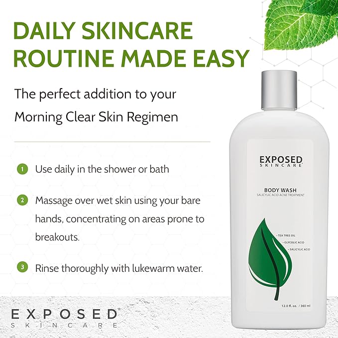 Exposed Skin Care Body Wash - Back and Body Acne Wash with Salicylic Acid and Tea Tree Oil – Exfoliating Bacne Treatment for Clearer, Healthier Skin – Body Cleanser for All Skin Types (12 fl oz)-GlimoraGlow
