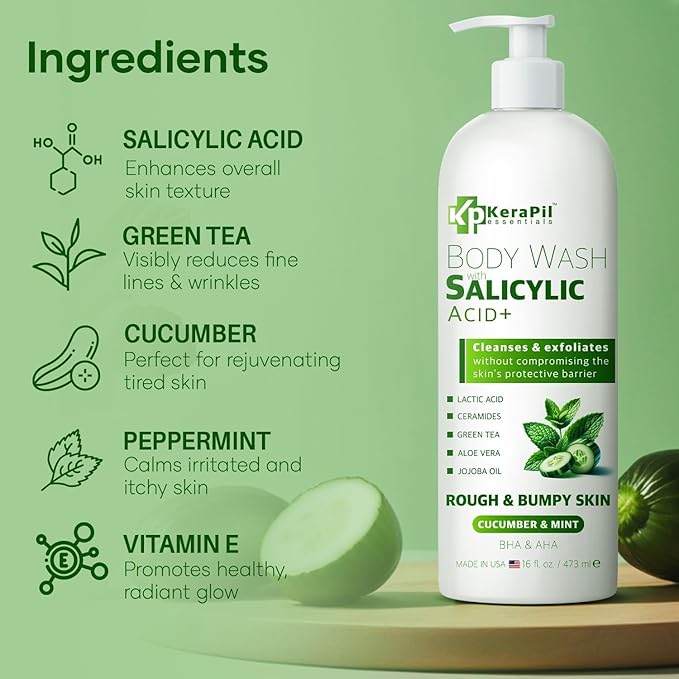 Exfoliating Body Wash with Salicylic Acid - No Dry Out, Gentle Exfoliates Rough and Bumpy Skin, Body Acne Wash, BHA & AHA - Cucumber and Mint Salicylic Acid Body Wash - (16 fl oz x 2)-GlimoraGlow