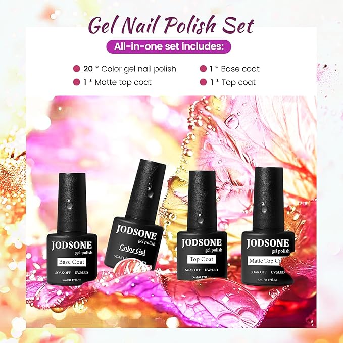 JODSONE 23 Bottles of Glitter Colorful and Elegant Gel Polish kit with 3 Bottles of Matte and Glossy Top Coat Base Coat Gel Nail Set-GlimoraGlow