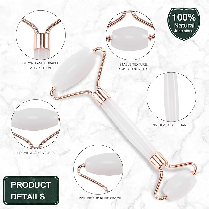 Jade Roller for Face, Facial Roller Massager Skin Care Tool, Gua Sha Facial Tools for Face, Neck, Eyes, Reduce Puffiness of The Skin - White-GlimoraGlow