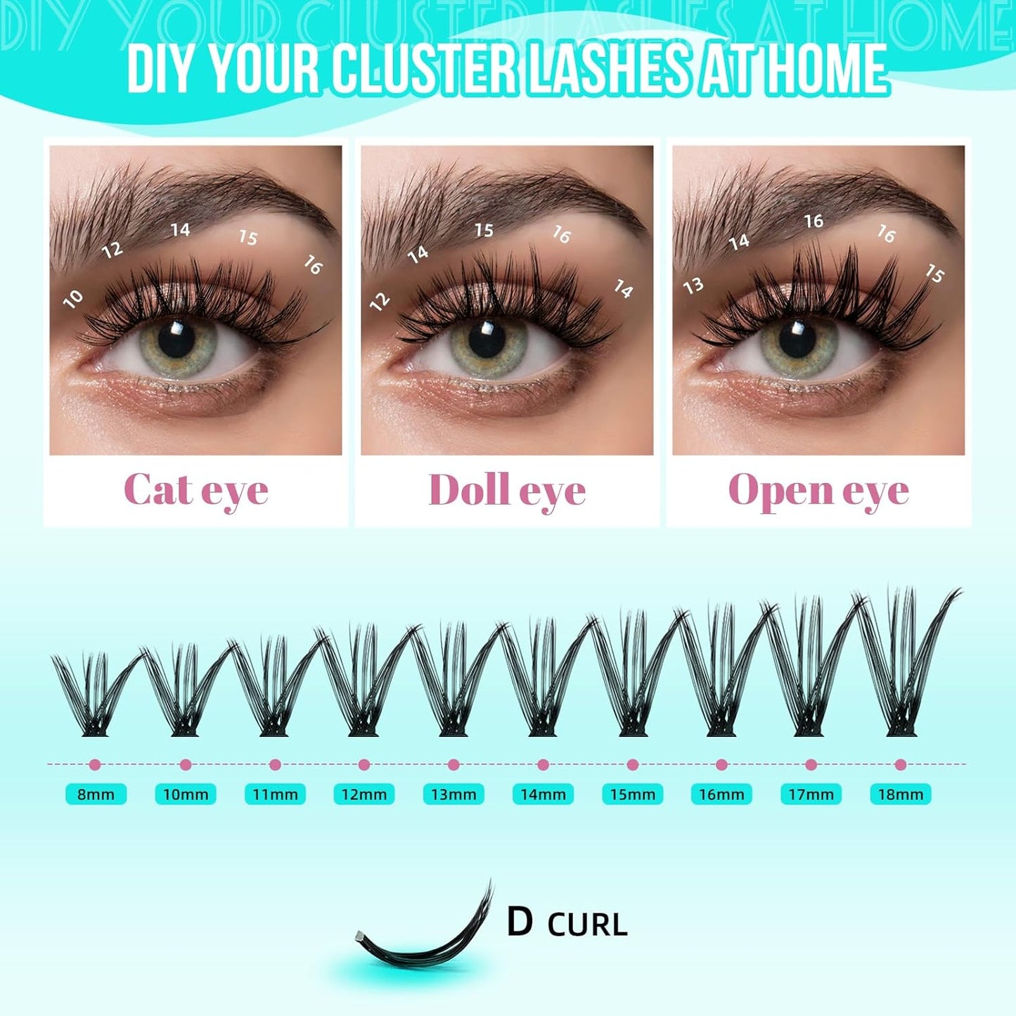 Lash Clusters 200pcs, Eyelash Extension Kit 40D D Curl Diy Cluster Eyelashes Extensions Lash Bond and Remover Waterproof Lash Applicator Tools for 8-18mm Mix Lashes Beginner Self Use-GlimoraGlow