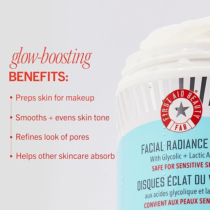 First Aid Beauty - Facial Radiance Pads with Glycolic & Lactic acids, Daily Exfoliating pads with AHA to Help Tone & Brighten Skin, One Step Makeup Prep, Compostable for Daily Use, 28 Pads, 3 ct-GlimoraGlow