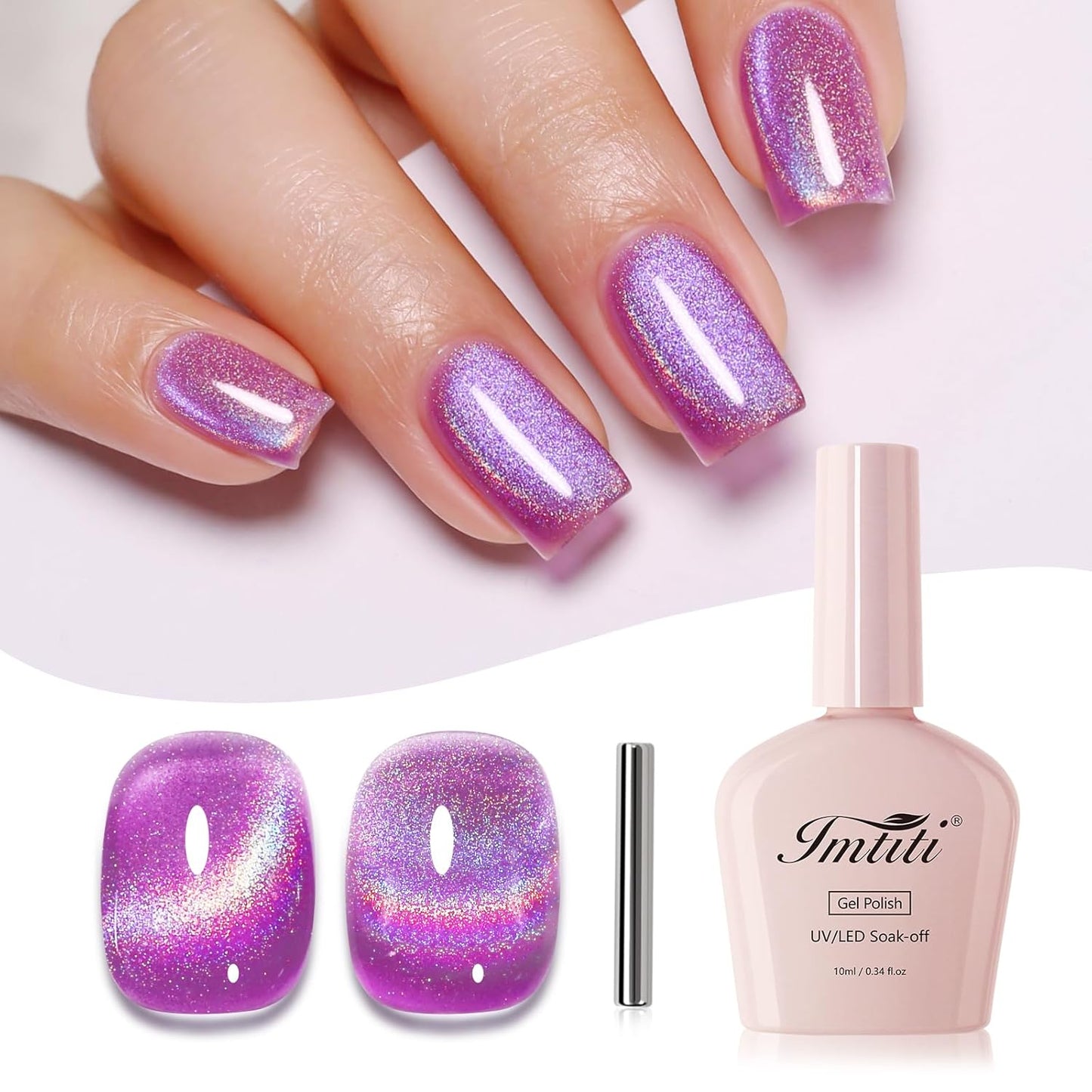 Imtiti Cat Eye Gel Nail Polish, Purple Rainbow Holographic Magnetic Gel Polish With Magnet Glittery Iridescent Galaxy Nail Gel Polish Spring Summer Gel Polish Kit Soak Off UV Led 10ML-GlimoraGlow