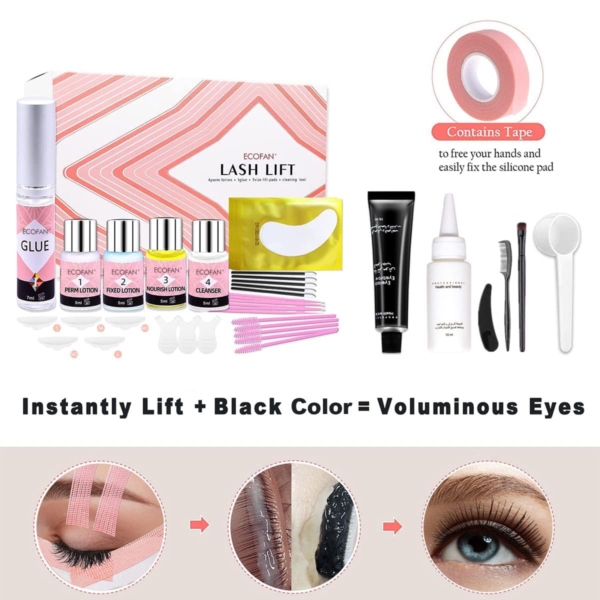 Lash Lift and Black Kit, Professional Eyelash Perm Kit and Black Eyelash & Eyebrow Set 3 in 1, Quick Lifting & Voluminous Coloring with Complete Tools Gifts for Women Salon Grade Home DIY-GlimoraGlow