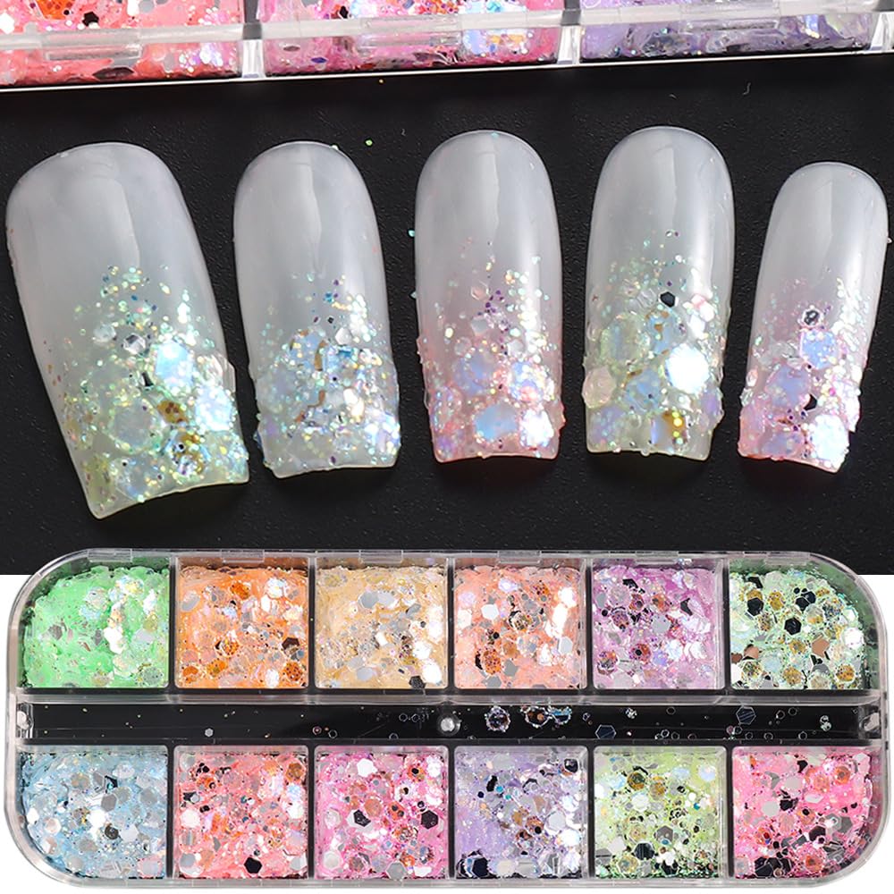 12 Grids Colorful Mermaid Nail Sequin Holographic Nail Art Glitter,Iridescent Nail Art Flake Glitter Decals Glass Paper Design Nail Accessories Acrylic Nails for Women Make Up DIY Nail Decoration-GlimoraGlow