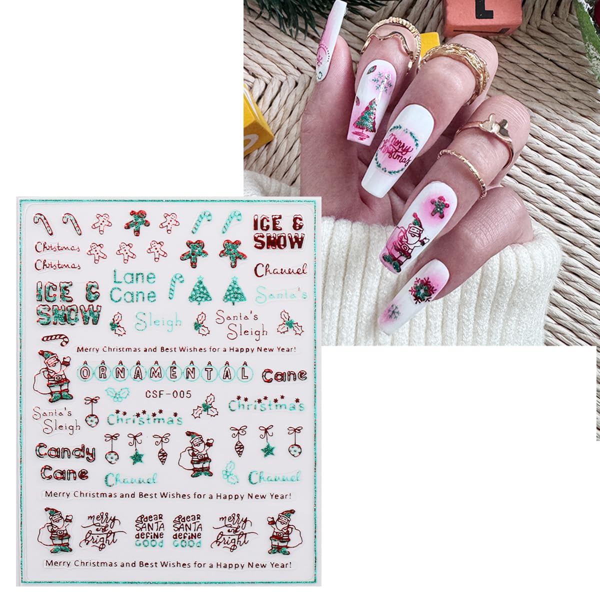JMEOWIO 9 Sheets Christmas Glitter Nail Art Stickers Decals Self-Adhesive Green Red Snowflake Winter Holiday Nail Supplies Nail Art Design Decoration Accessories-GlimoraGlow