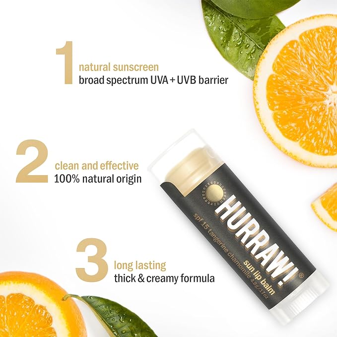 Hurraw! Sun Lip Balm (Zinc Oxide Protection, Broad Spectrum SPF 15, Tangerine, Chamomile): Organic, Certified Vegan, Gluten Free. Non-GMO, 100% Natural. Bee, Shea, Soy and Palm Free. Made in USA-GlimoraGlow