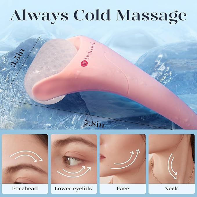 BAIMEI IcyMe Ice Roller for Face and Gua Sha Facial Tool Set, Ice Face Roller Reduces Puffiness Relieves Migraines Skin Care Tools, Self Care Gift for Women - Pink-GlimoraGlow