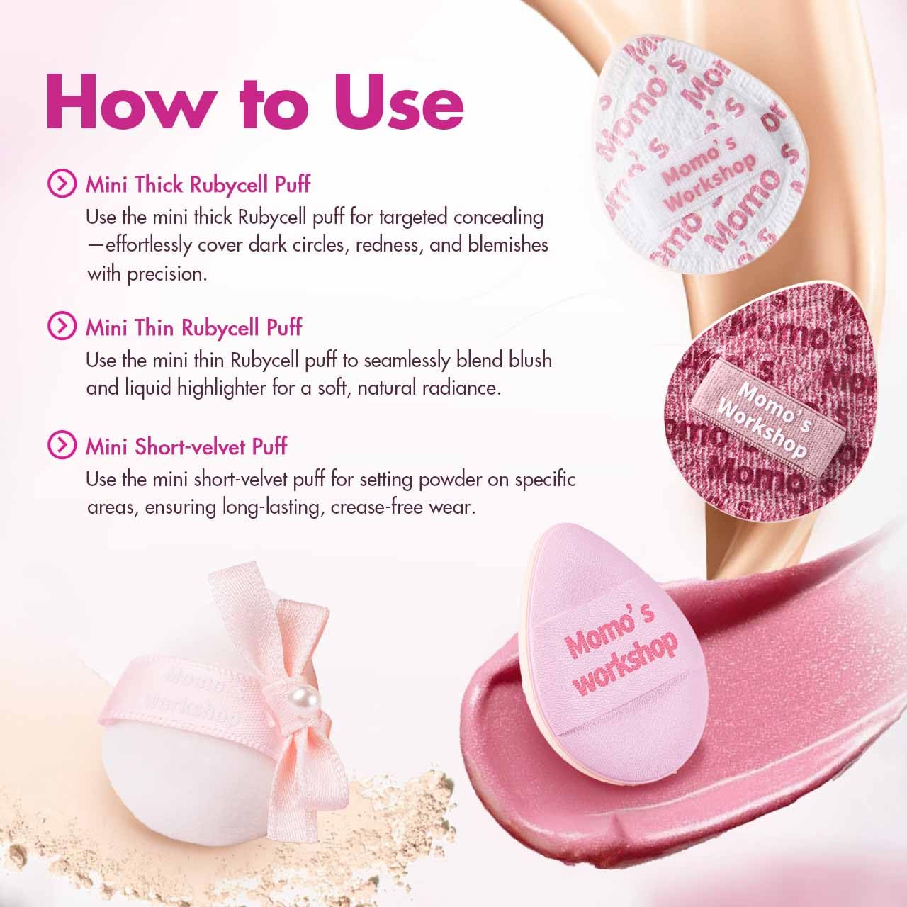 Mini Denim Makeup Sponge Set,Mini Makeup Blenders Sponge for Concealer/Blush/Highlighter, Perfect for Detail Work & Travel,4pcs Pink Mini Concealer Puffs with Travel Pouch-GlimoraGlow