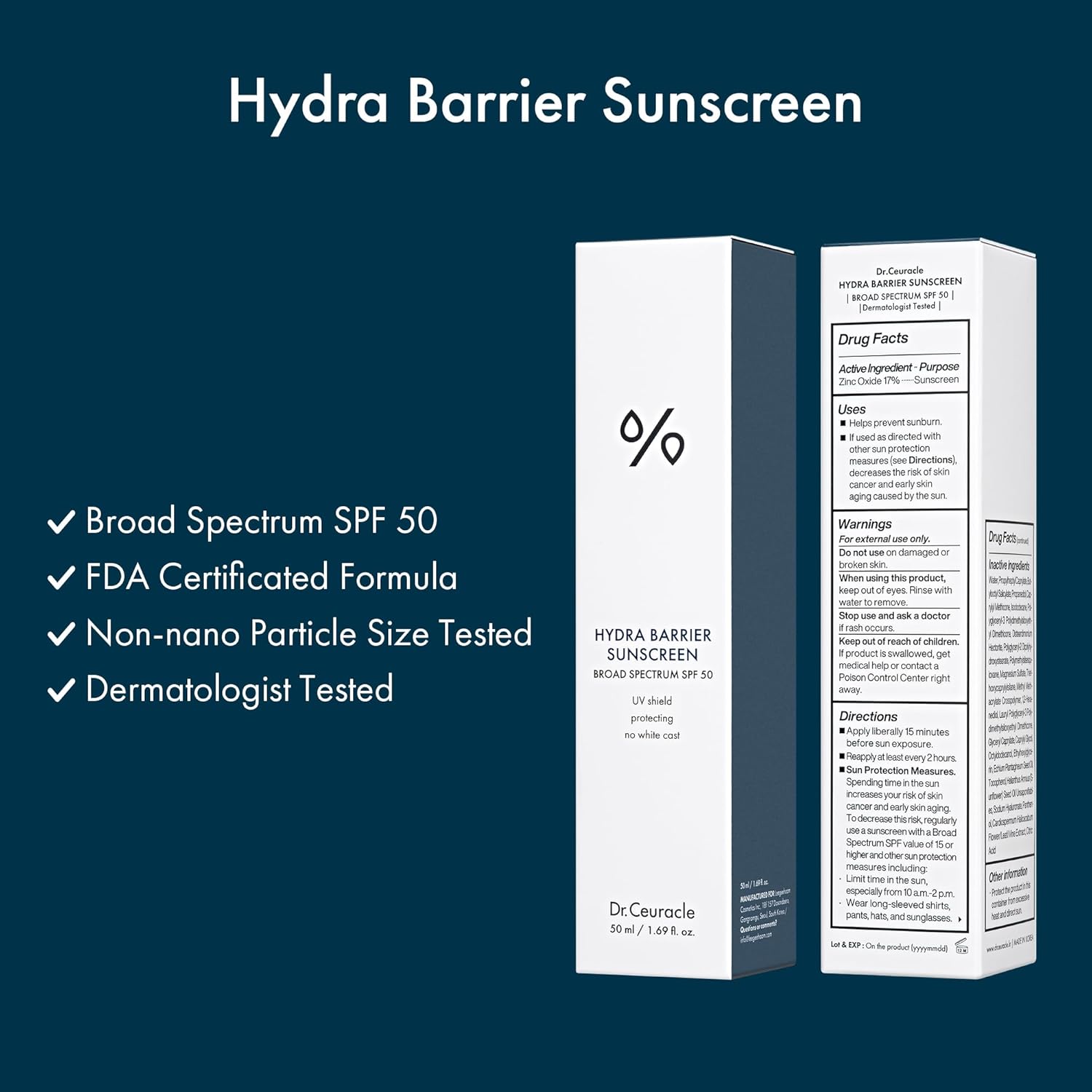 Dr.Ceuracle Hydra Barrier Mineral Sunscreen Broad Spectrum SPF 50 - Korean Sunscreen with Zinc Oxide and Hyaluronic Acid, Dewy Glow (50 ml / 1.69 fl. oz.)-GlimoraGlow