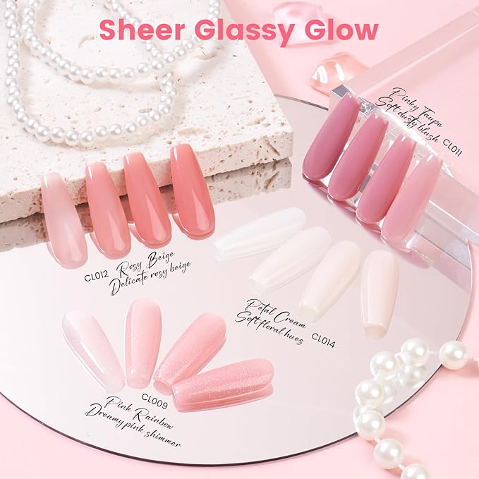 Jelly Gel Nail Polish Kit with U V Light, Hema-Free Milky Nude Sheer White Pink Gliter Gel Polish Set with Base & Top Coat Chrome Nail Powder, 4 Colors Mini Salon Nail Art Starter Gift for Women Girl-GlimoraGlow