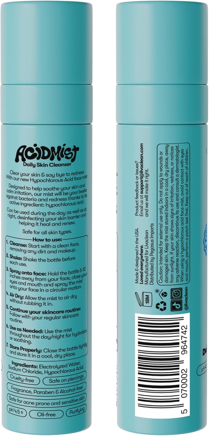 Hypochlorous Acid Spray for Face & Body - Helps Reduce Redness and Breakouts - Travel Size Hypochlorous Spray, Multi-Purpose Topical Facial Skin Repair, pH-Balancing Toner - TSA, Livaclean-GlimoraGlow