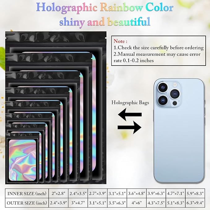 100 Pieces Smell Proof Mylar Bags, Holographic Packaging Bags, Resealable Odor Foil Pouch Zipper Bag with Clear Window for Food Storage and Lipgloss, Jewelry Lash (Black, 4 x 6 Inch)-GlimoraGlow