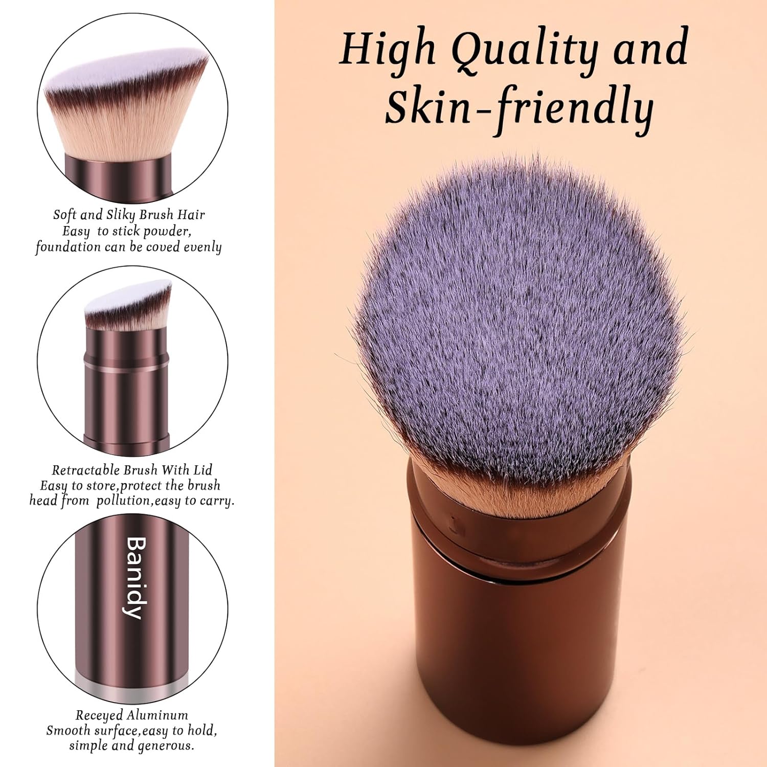 Makeup Brush Kabuki Face Brushes Retractable Travel Blush Kabuki Brush Portable Flawless for Foundation, Powder Blush, Bronzer, Buffing, Liquid, Cream, Cruelty Free with Cover(Brown)-GlimoraGlow