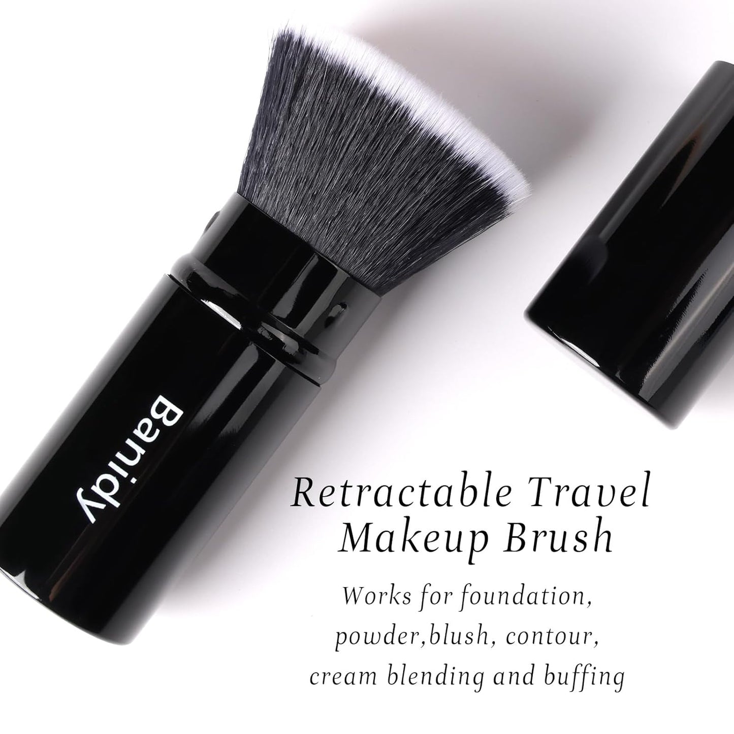 Makeup Brush Kabuki Face Brushes Retractable Travel Blush Brush Portable Flawless for Foundation, Powder Blush, Bronzer, Buffing, Liquid, Cream, Cruelty Free with Cover(Flat-Head)-GlimoraGlow