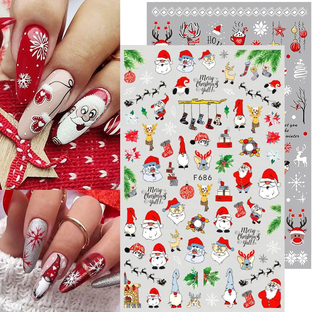 10 Sheets Christmas Nail Art Stickers 3D Xmas Nail Decals Winter Snowflake Santa Claus Snowman Buffalo Plaid Reindeer Nail Stickers for Christmas Nail Designs Decorations Manicure Tips Charms-GlimoraGlow