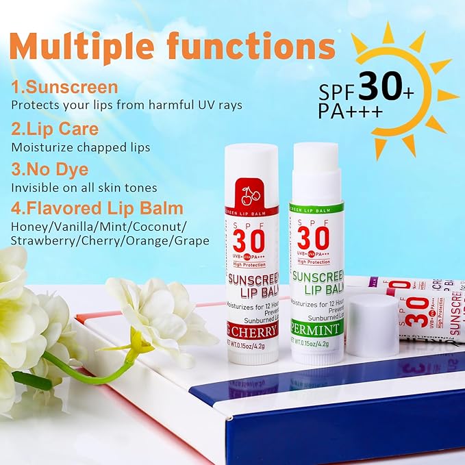 SPF 30 Lip Balm with Sunscreen 8 Pack, Bulk Sunscreen Lip Balm Travel Size, Hydrating Lip Balm with Vitamin E and Coconut Oil- 8 Flavors-GlimoraGlow