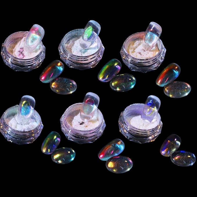Ice Transparent Aurora Nail Powder Neon Rainbow Holographic Chameleon Powder Multi Chrome Iridescent Pigment Pearlescent Nail Art Glitters (6 Boxes Transparent)-GlimoraGlow