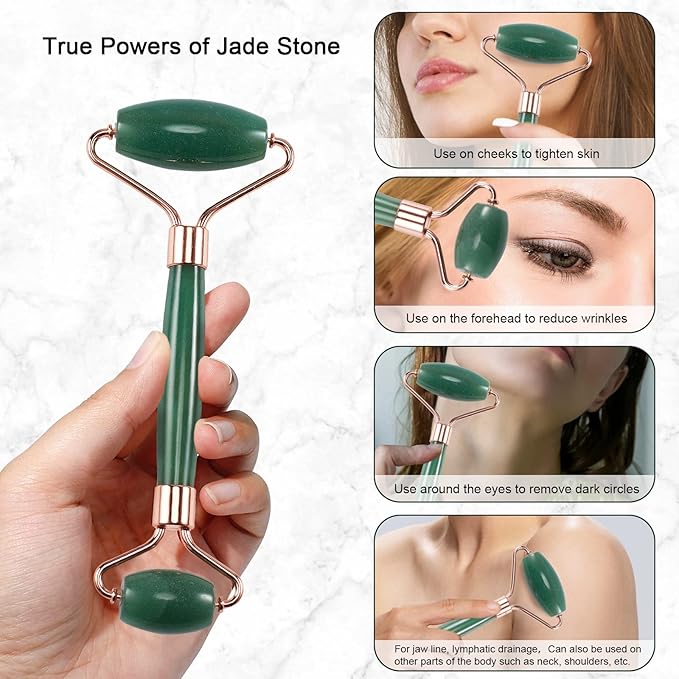 Jade Roller for Face, Facial Roller Massager Skin Care Tool, Gua Sha Facial Tools for Face, Neck, Eyes, Reduce Puffiness of The Skin (Green)-GlimoraGlow