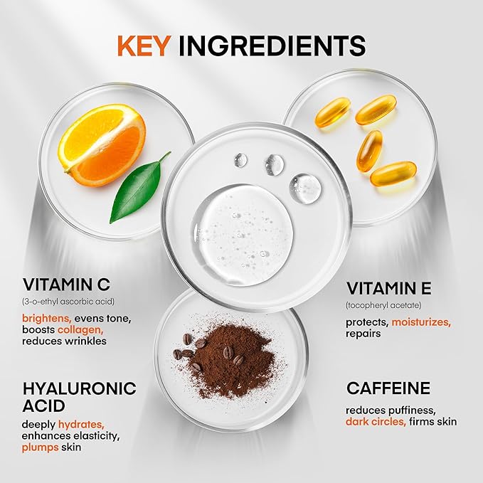 Super Vitamin C Serum for Women Over 70: Niacinamide, Vitamin C, Hyaluronic Acid, Peptides, Vitamin E, Caffeine, Bakuchiol, Hydrating, Lifting, Face Wrinkle & Age Spots Reduction-GlimoraGlow