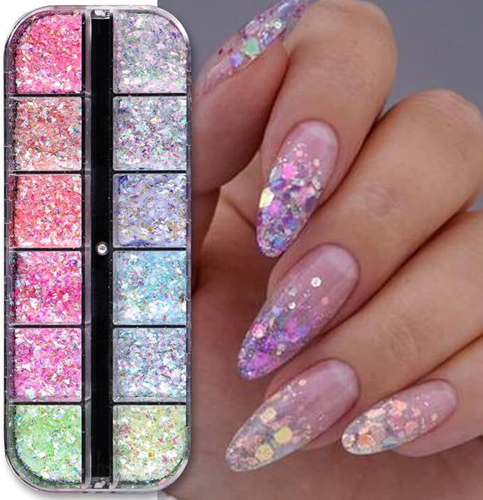 12 Colors Mermaid nail art glitter sequins Iridescent Ice Slag nail glitter flakes Ultra Thin Nail Art Designs 3D holographic nail sequins for Nail Art Supplies Manicure Decoration Accessories-GlimoraGlow