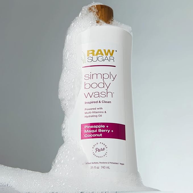 RAW SUGAR Simply Body Wash Variety Trio (25 Fl Oz, Pack of 3) Vegan Bath & Shower Gel, Raw Coconut + Mango, Pineapple + Maqui Berry + Coconut and Watermelon + Fresh Mint, No Sulfates & Parabens-GlimoraGlow