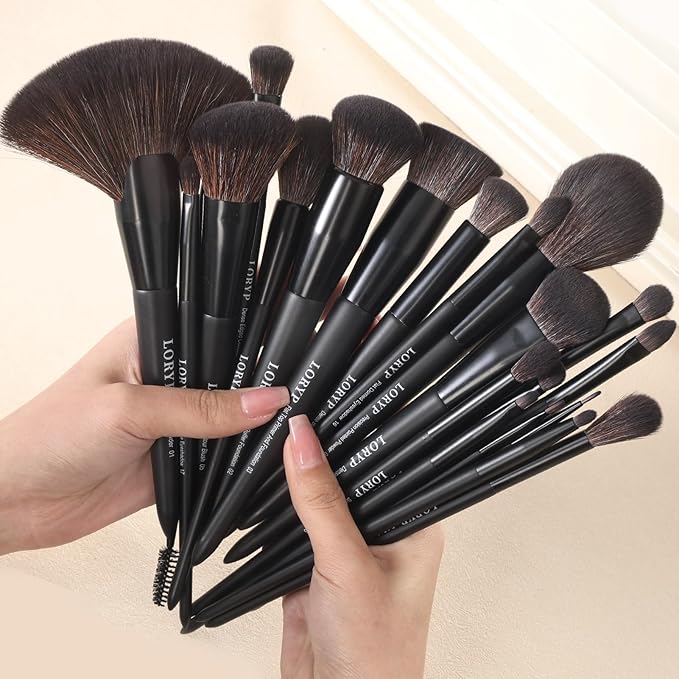 LORYP Black Makeup Brushes Set 21Pcs Powder Blush Foundation Concealer Highlighter Brush Vegan Pro Face and Eye Brush Kit-GlimoraGlow