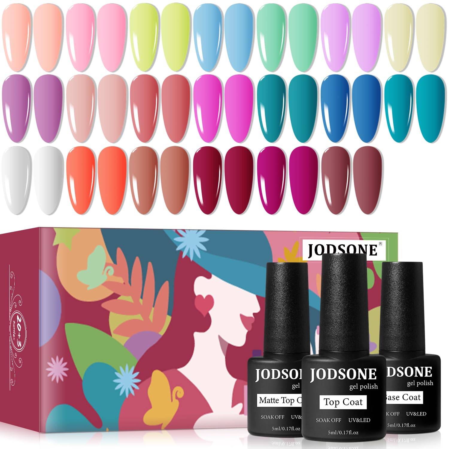 JODSONE 20 Color Vibrant and High Shine Gel Nail Polish Kit with 3 PCS Base Coat and Matte and Glossy Top Coat-GlimoraGlow