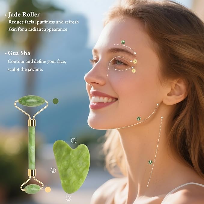 Real Perfection Gua Sha Facial Tools Face Roller for Wrinkles Jade Roller and Gua Sha Set, Scrubber Pore Brush Headband Skin Care Tools for Travel Skincare Routine Massaging Reducing Puffiness - Green-GlimoraGlow