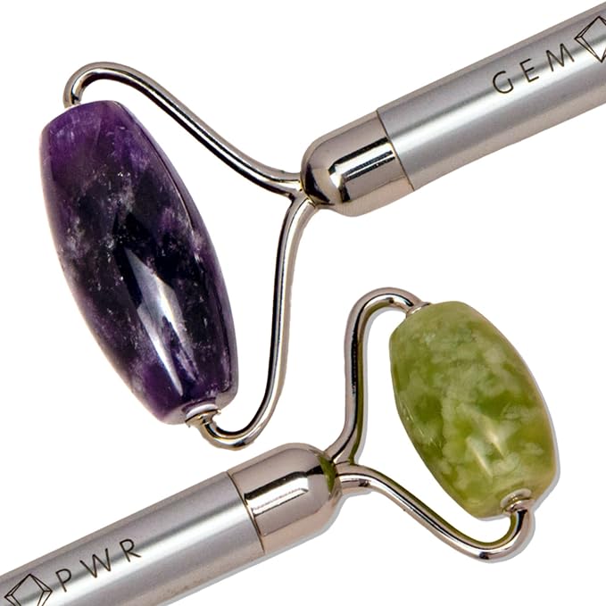 Amethyst + Jade Roller for Face and Neck Massage, Dual Gemstones with Durable Steel Handle and Travel Bag. Minimize Wrinkles, Reduce Puffiness and Restore Skin's Elasticity and Radiance-GlimoraGlow