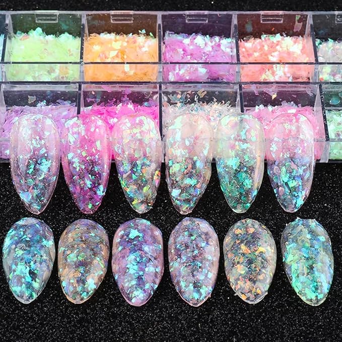 12 Colors Holographic Nail Art Glitter Sequins Iridescent Ice Slag Nail Glitter Laser Nail Art Flakes Colored Fluorescent Glass Paper Nail Sticker Decoration for Face Hand Body Make-Up DIY-GlimoraGlow
