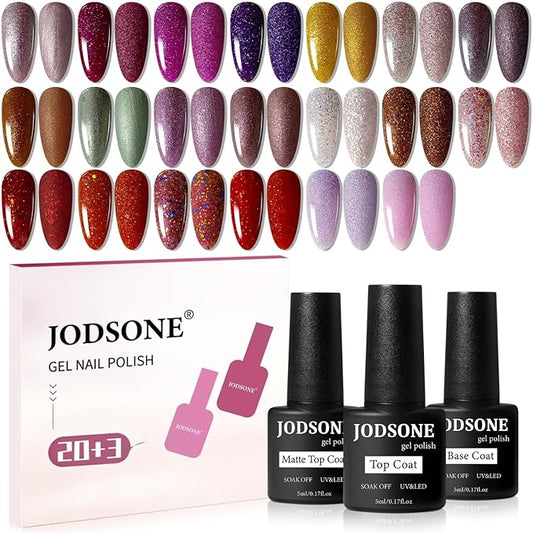 JODSONE 23 Bottles of Glitter Colorful and Elegant Gel Polish kit with 3 Bottles of Matte and Glossy Top Coat Base Coat Gel Nail Set-GlimoraGlow