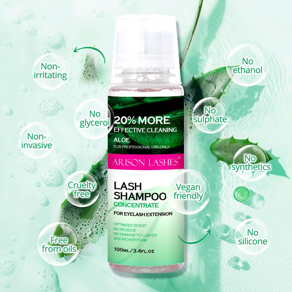 ARISON LASHES Lash Shampoo Concentrate for Lash Extensions 100ML Eyelash Cleanser Concentrate Oil-Free Eyelash Extension Shampoo with Salon Home Care(Aloe Vera)-GlimoraGlow