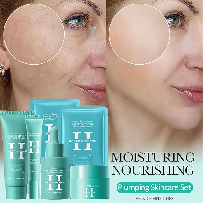 Hyaluronic-Acid Skincare Set, Skin Care Kit For Women, Skincare Gift Set, 6pcs Facial Kit For Women With Cleanser, Face Serum, Face Moisturizer, Eye Cream & Face Mask, Clean, Soft, And Plump-GlimoraGlow