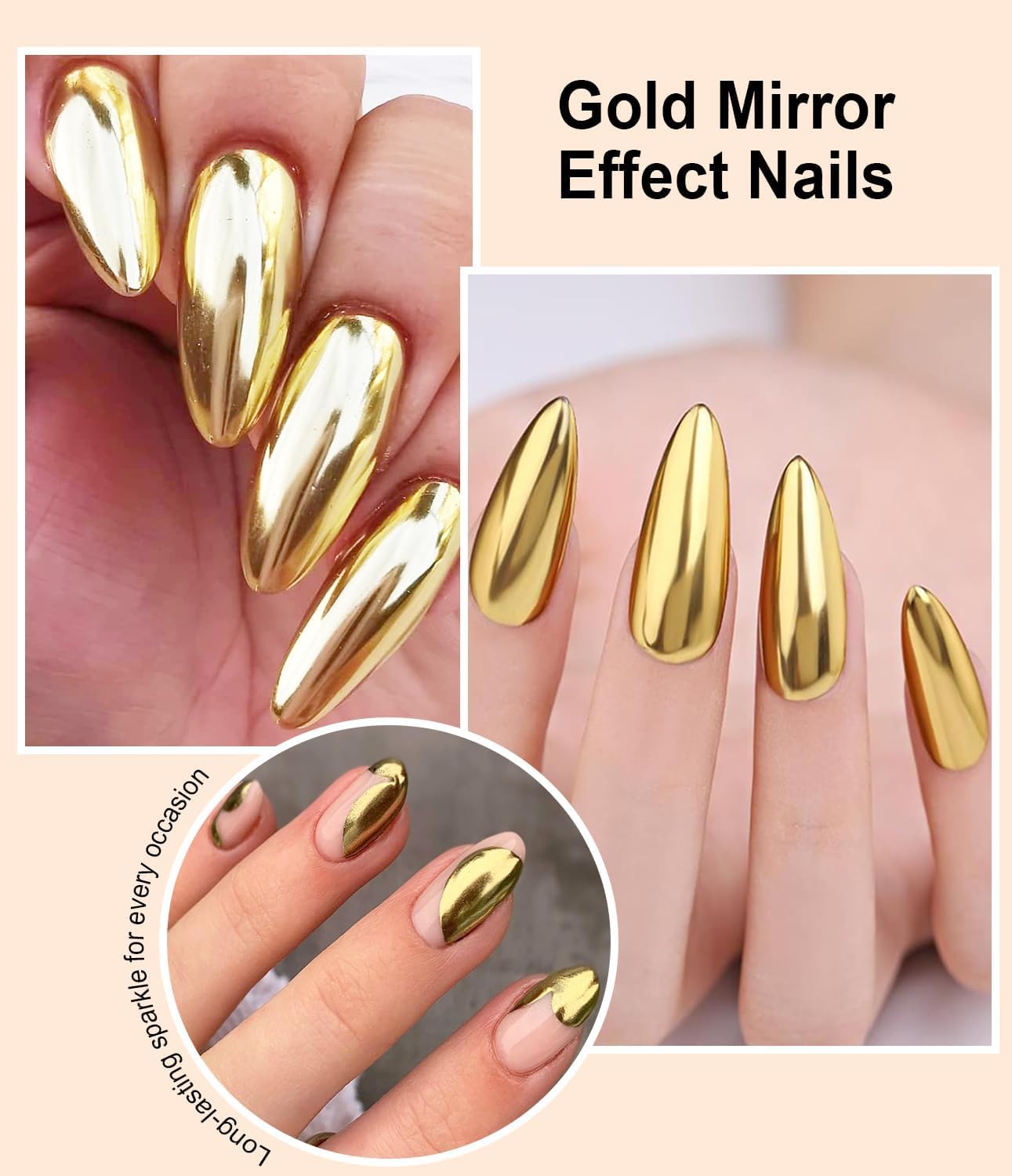 2 Jars Chrome Nail Powder：Mirror Effect Gold Chrome Nail Powder,Metallic Mirror Silver Chrome Powders Decoration for DIY Nail Art,Pigment Holo chrome powder with 4 Eyeshadow Sticks-GlimoraGlow