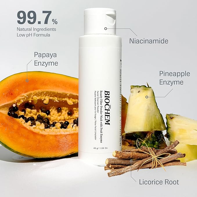 BIOCHEM Beauty Filter Powder Face Wash with Fruit Enzyme, Daily Wash with Papaya & Pineapple Enzyme, Gentle Plant-Based Low pH Exfoliator Cleanser for Women & Men, Sensitive Skin (1.59 fl oz / 45 g)-GlimoraGlow
