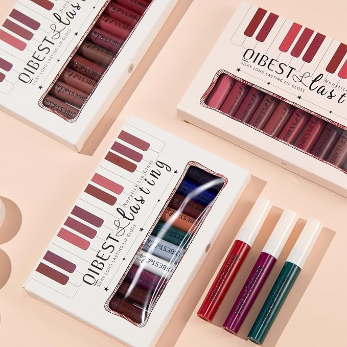 12Pcs Makeup Matte Lipstick Lip Kit, Warm Neutrals & Vintage Reds Non-Stick Cup Not Fade Liquid Lipstick Waterproof Long Lasting Durable Nude Lip Gloss Beauty Cosmetics Gift Box Makeup Set Kit-GlimoraGlow