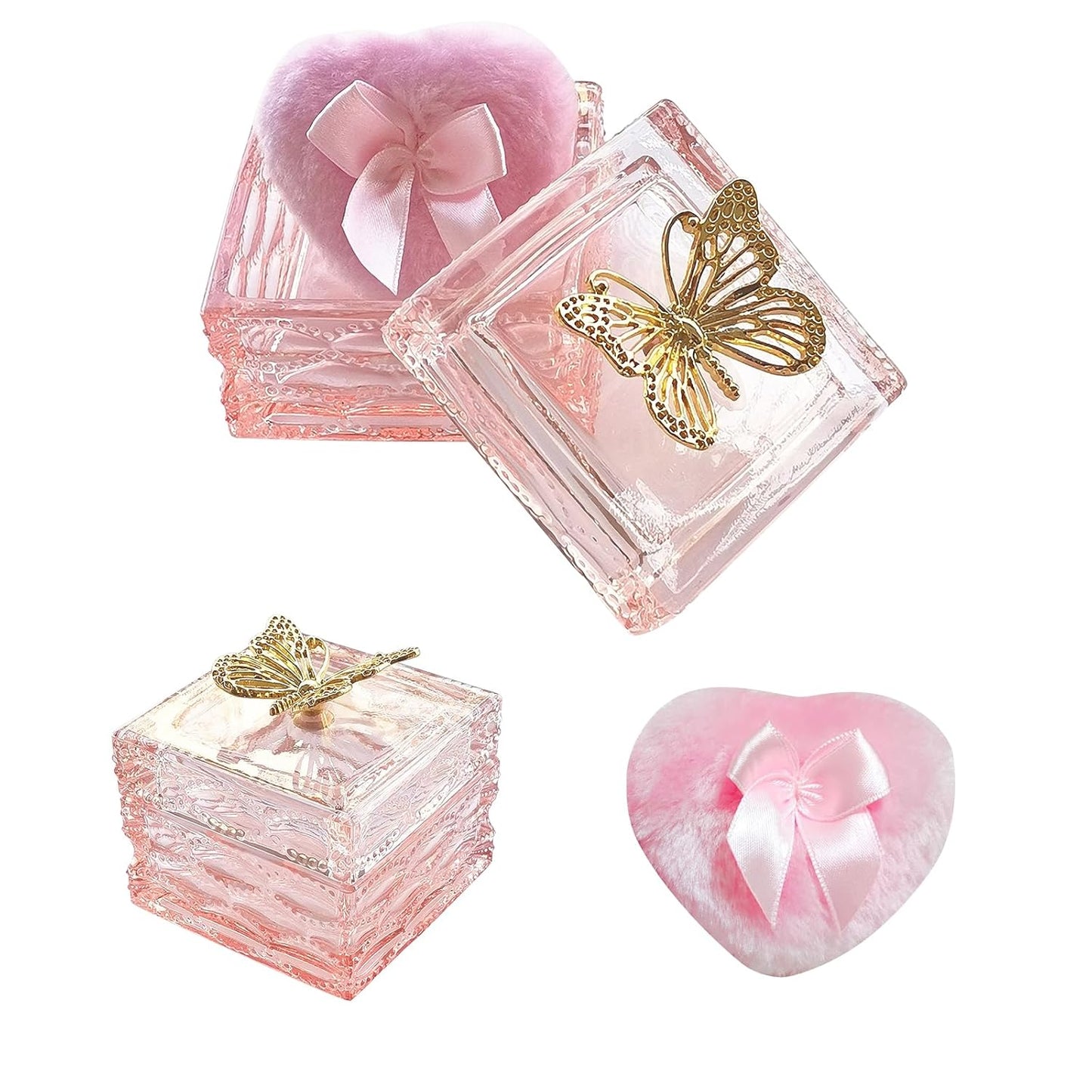 Body Powder Puff and Container - Glass Dusting Powder Container with Soft Puffs Vintage Powder Puff Case for Women & Girls (3.23x3.23x2.95 H IN) - GRB016-Pink-GlimoraGlow