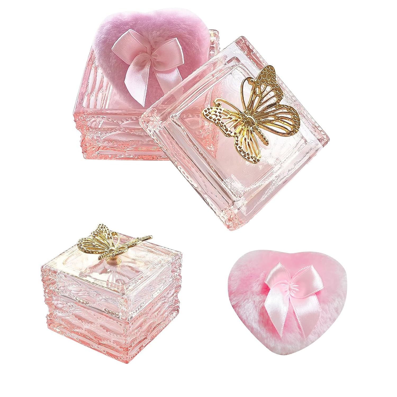 Body Powder Puff and Container - Glass Dusting Powder Container with Soft Puffs Vintage Powder Puff Case for Women & Girls (3.23x3.23x2.95 H IN) - GRB016-Pink-GlimoraGlow