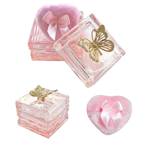 Body Powder Puff and Container - Glass Dusting Powder Container with Soft Puffs Vintage Powder Puff Case for Women & Girls (3.23x3.23x2.95 H IN) - GRB016-Pink-GlimoraGlow