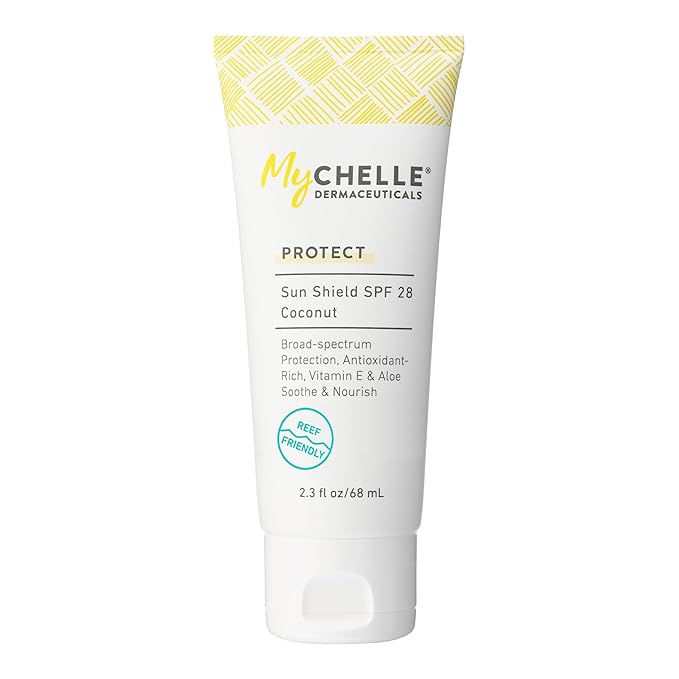 MyCHELLE Dermaceuticals Sun Shield SPF 28 Coconut (2.3 Fl Oz) - Soothing Reef Safe Sunscreen with Vitamin E and Aloe - Travel Size Zinc Sunscreen for Face and Body-GlimoraGlow