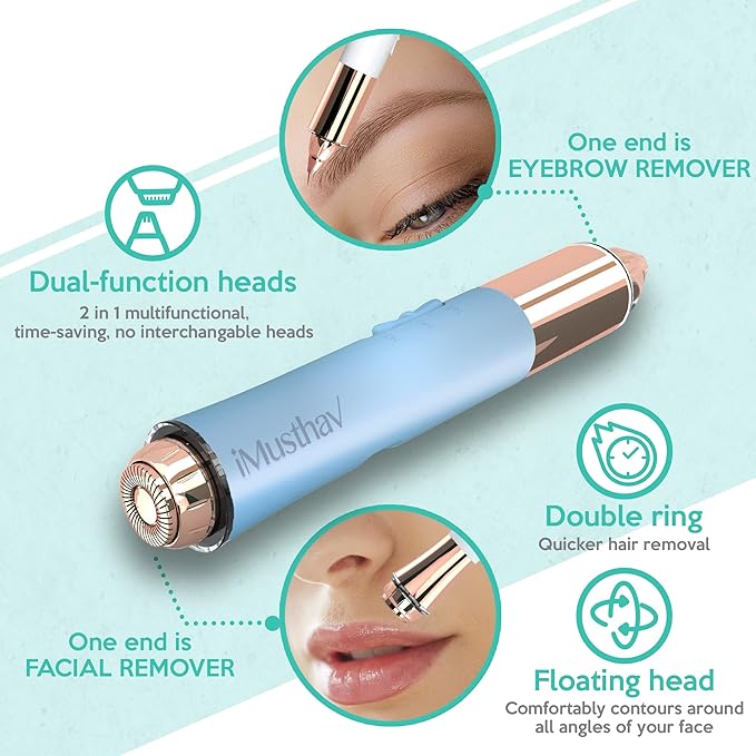 2 in 1 Flawless Eyebrow and Facial Hair Remover for Women Painless Electric Razor Epilator Trimmer Shaver with 18K Gold-Plated, USB Rechargeable, 360° LED for Eyebrow and Face Hair Removal-GlimoraGlow