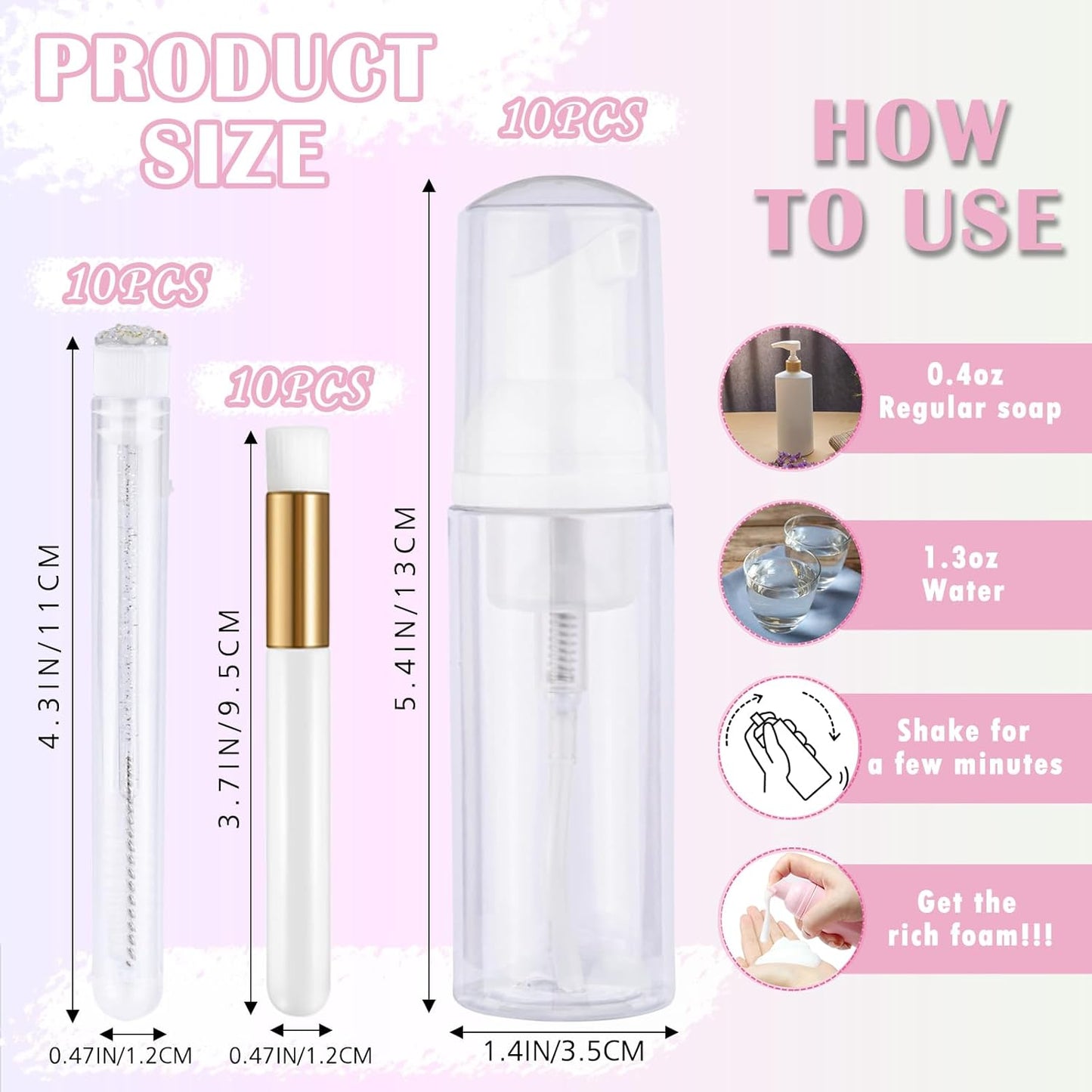 50PCS Lash Shampoo Bottles Brushes Set, Empty Lash Shampoo Bottle, Lash Cleaning Brush, Eyelash Extension Tube Brush, Instructions Cards, Aftercare Bags for Lash Business Clients (50pcs in white)-GlimoraGlow